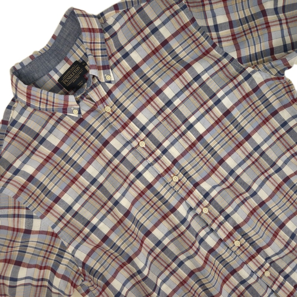 Pendleton Cotton Plaid Button Down Shirt Mens XL SS Red Blue Lightweight Beach